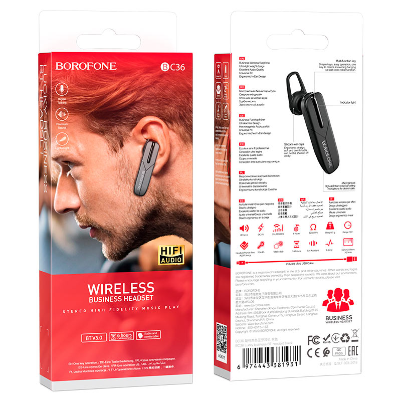 Фото - Bluetooth-гарнітура BOROFONE BC36 Lucky business BT headset Black (6974443381931)