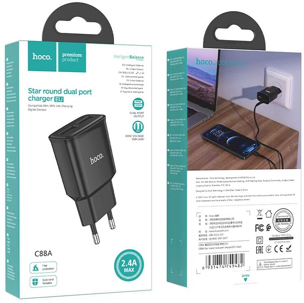 Фото - Сетевое зарядное устройство HOCO C88A 12W Black (6931474749482)