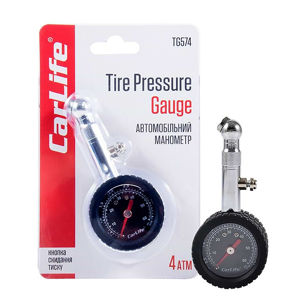 Фото - Манометр автомобільний CarLife 4 Атм, металевий з гумовим покриттям (TG574)
