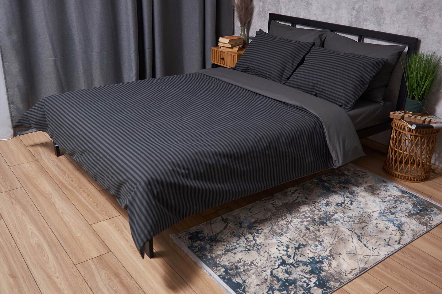 Комплект постельного белья Moon&Star 160х220 наволочки 2х70х70 Gray Stripe&Black Бязь Gold Люкс (MS-820001066)