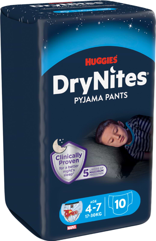 Фото - Одноразові підгузки-трусики Huggies DryNites хлопчик 4-7 років (17-30 кг), 10 шт. (5029053527574)