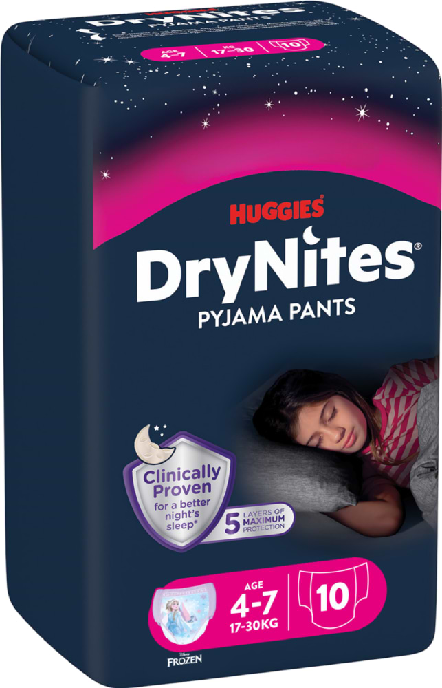 Одноразові підгузки-трусики Huggies DryNites девочка 4-7 лет (17-30 кг), 10 шт. (5029053527581) - Фото 1