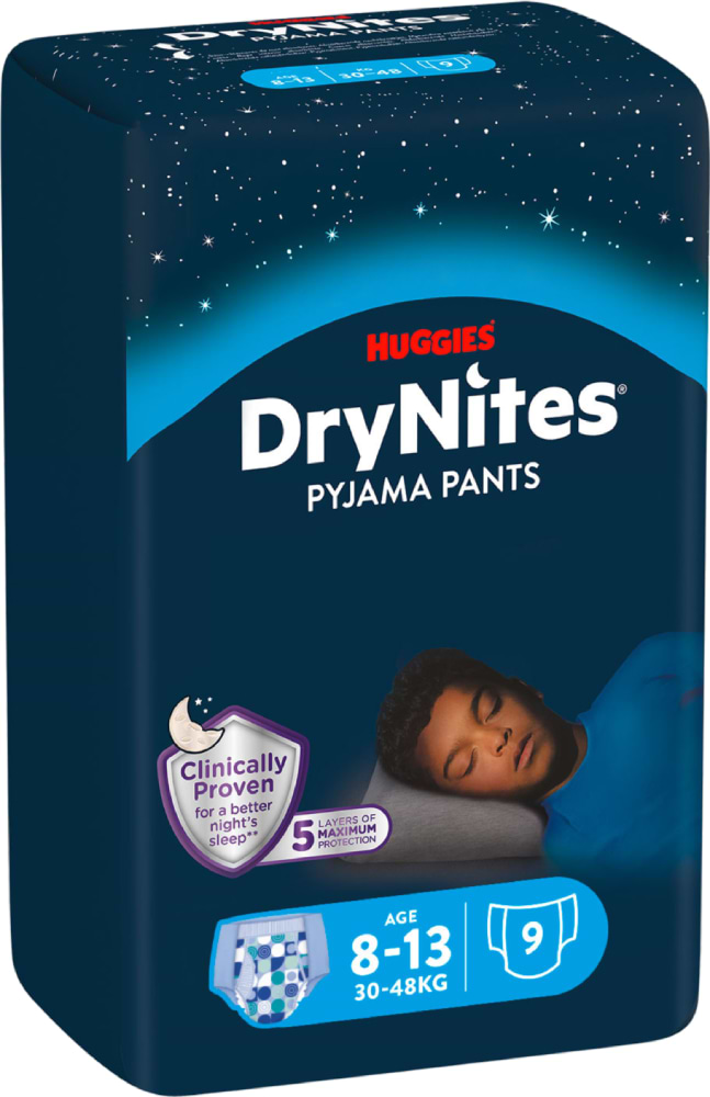 Одноразові підгузки-трусики Huggies DryNites мальчик 8-13 лет (30-48 кг), 9 шт. (5029053527598) - Фото 1