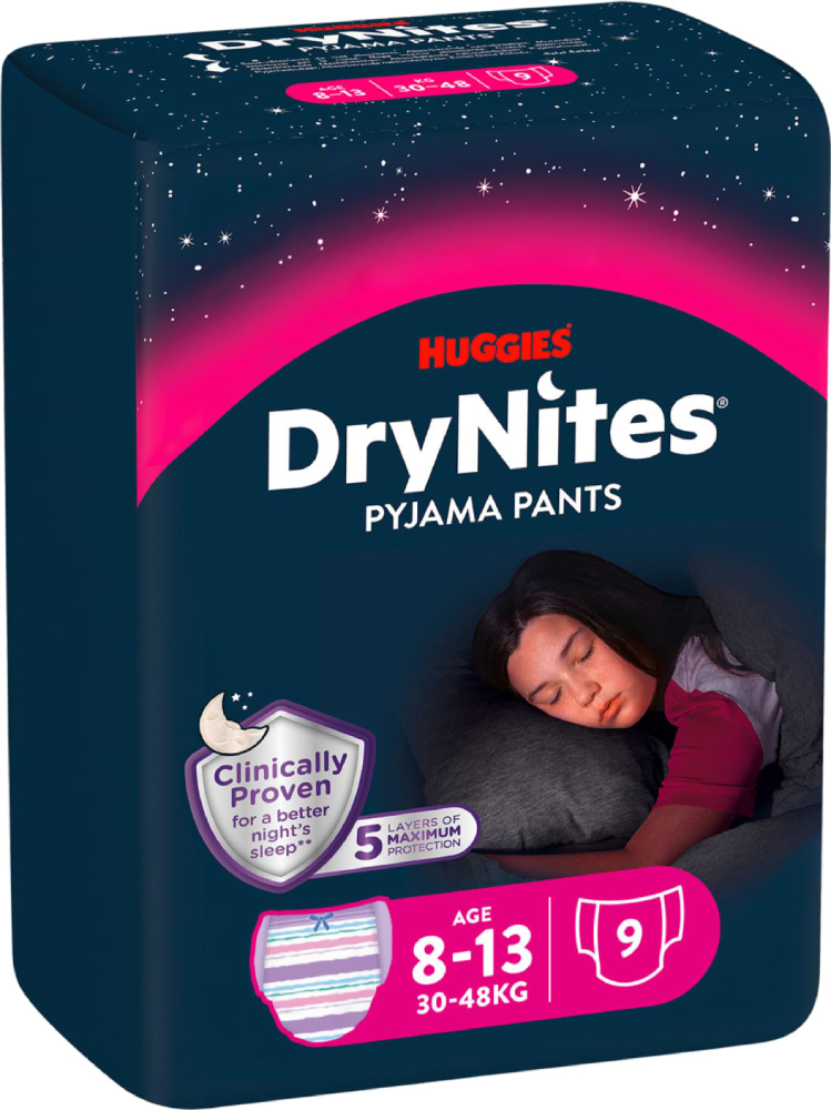 Одноразові підгузки-трусики Huggies DryNites девочка 8-13 лет (30-48 кг), 9 шт. (5029053527604) - Фото 1