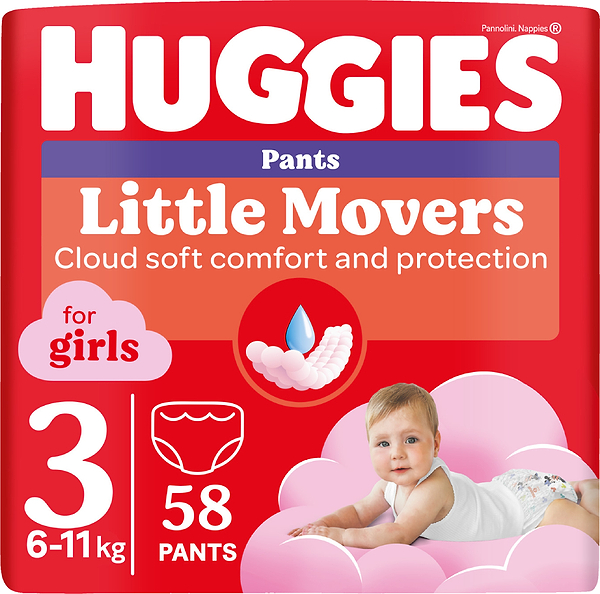 Фото - Одноразові підгузки-трусики Huggies Little Movers Розмір 3 (6-11 кг) для дівчаток, 58 шт. (5029053547480) Фото - Одноразові підгузки-трусики Huggies Little Movers Розмір 3 (6-11 кг) для дівчаток, 58 шт. (5029053547480)