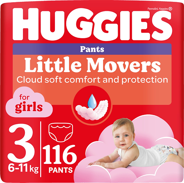 Фото - Одноразові підгузки-трусики Huggies Little Movers Розмір 3 (6-11 кг) для дівчаток, 116 шт. (5029054568033) Фото - Одноразові підгузки-трусики Huggies Little Movers Розмір 3 (6-11 кг) для дівчаток, 116 шт. (5029054568033)