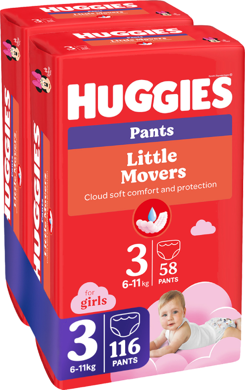 Фото - Одноразові підгузки-трусики Huggies Little Movers Розмір 3 (6-11 кг) для дівчаток, 116 шт. (5029054568033)