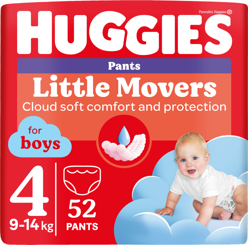 Одноразові підгузки-трусики Huggies Little Movers Розмір 4 (9-14 кг) для хлопчиків, 52 шт. (5029053547534) - Фото 1