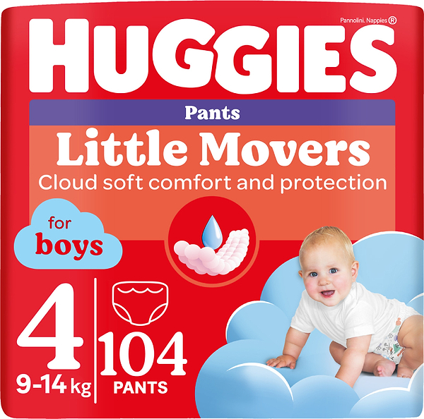 Фото - Одноразовые подгузники-трусики Huggies Little Movers Размер 4 (9-14 кг) для мальчиков, 104 шт. (5029054568088)