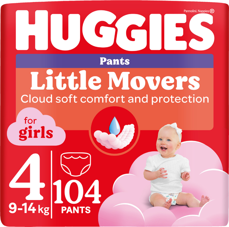 Одноразові підгузки-трусики Huggies Little Movers Розмір 4 (9-14 кг) для дівчаток, 104 шт. (5029054568095) - Фото 1