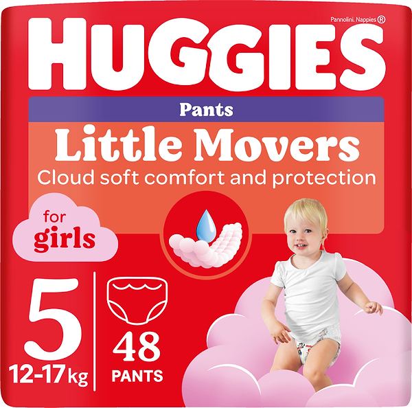 Фото - Одноразові підгузки-трусики Huggies Little Movers Розмір 5 (12-17 кг) для дівчаток, 48 шт. (5029053547626)