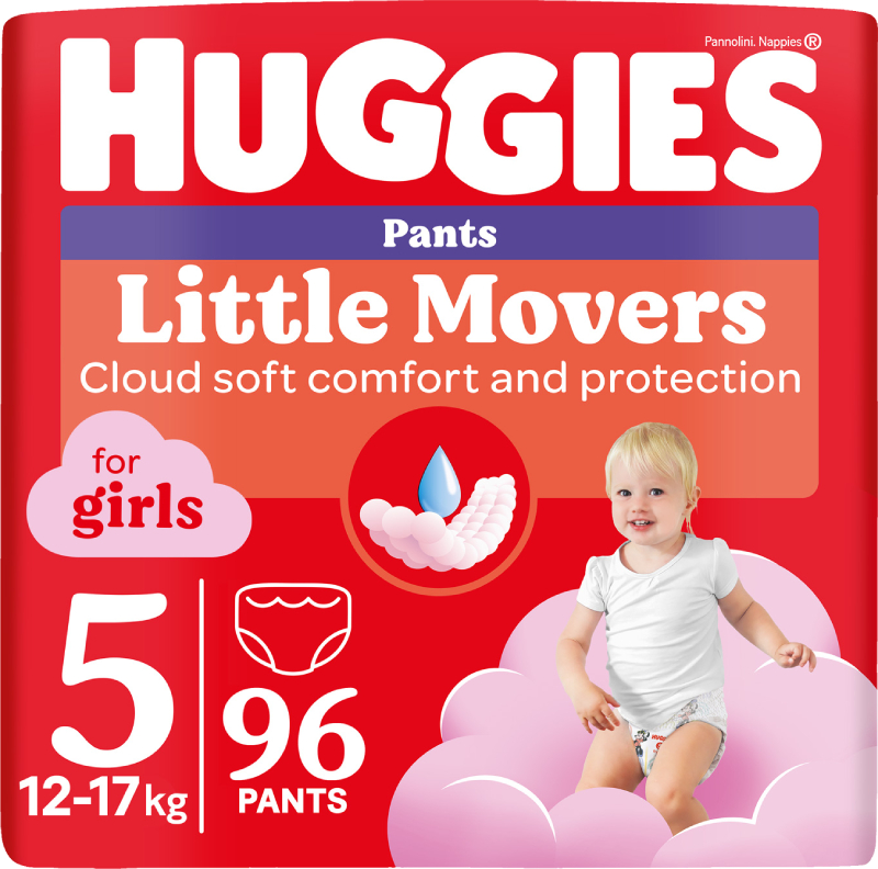 Одноразові підгузки-трусики Huggies Little Movers Розмір 5 (12-17 кг) для дівчаток, 96 шт. (5029054568170) - Фото 1