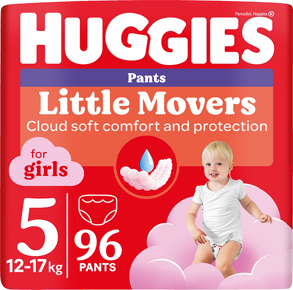 Фото - Одноразові підгузки-трусики Huggies Little Movers Розмір 5 (12-17 кг) для дівчаток, 96 шт. (5029054568170)