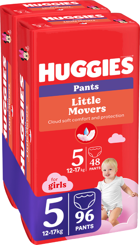 Фото - Одноразові підгузки-трусики Huggies Little Movers Розмір 5 (12-17 кг) для дівчаток, 96 шт. (5029054568170)