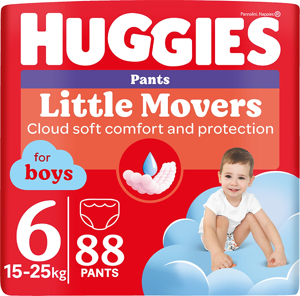 Фото - Одноразові підгузки-трусики Huggies Little Movers Розмір 6 (15-25 кг) для хлопчиків, 88 шт. (5029054568200)