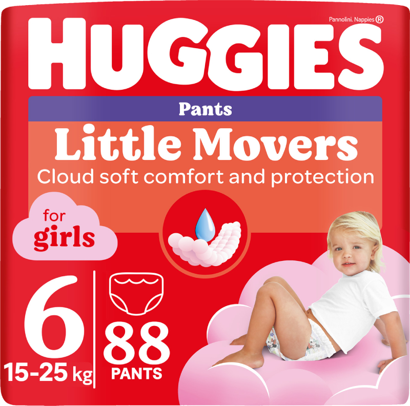 Одноразові підгузки-трусики Huggies Little Movers Розмір 6 (15-25 кг) для дівчаток, 88 шт. (5029054568217) - Фото 1