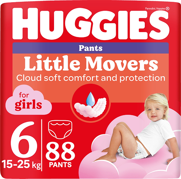 Фото - Одноразові підгузки-трусики Huggies Little Movers Розмір 6 (15-25 кг) для дівчаток, 88 шт. (5029054568217)