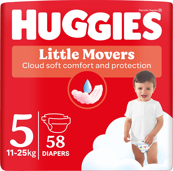 Фото - Одноразові підгузки Huggies Little Movers Розмір 5 (11-25 кг), 58 шт. (5029053548784)