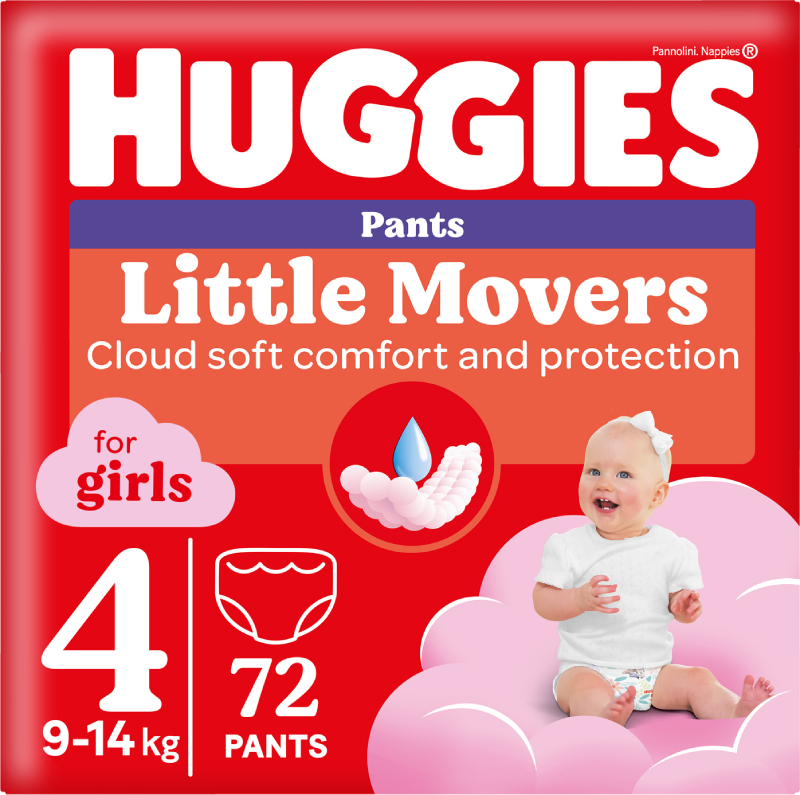 Одноразові підгузки-трусики Huggies Little Movers Розмір 4 (9-14 кг) для дівчаток, 72 шт.(2*36 шт.) (5029053564098) - Фото 1