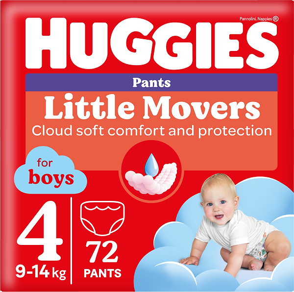 Фото - Одноразові підгузки-трусики Huggies Little Movers Розмір 4 (9-14 кг) для хлопчиків, 72 шт.(2*36 шт.) (5029053564104)