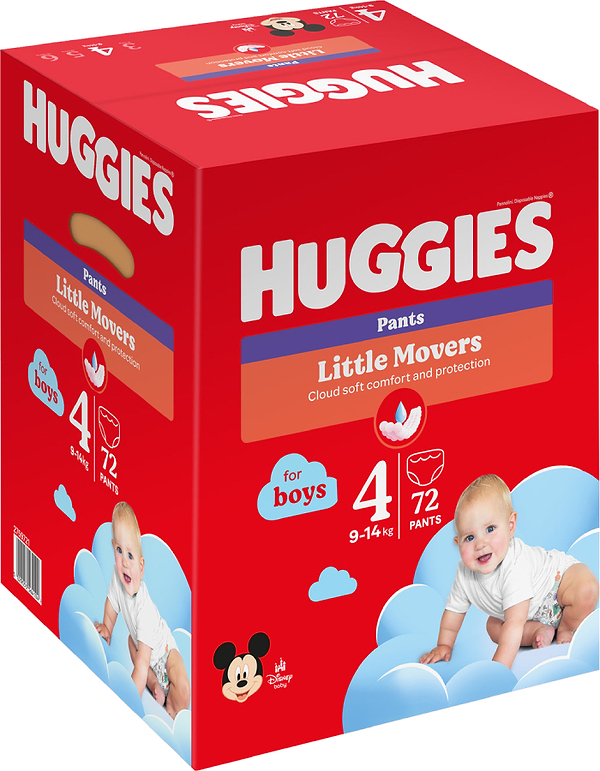 Фото - Одноразові підгузки-трусики Huggies Little Movers Розмір 4 (9-14 кг) для хлопчиків, 72 шт.(2*36 шт.) (5029053564104)