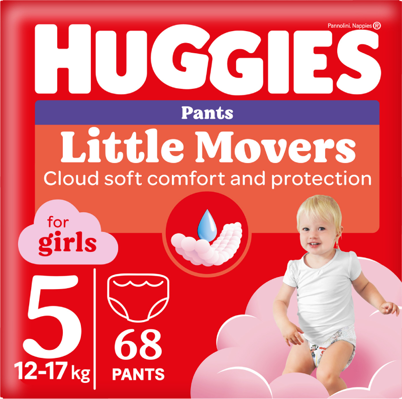 Одноразові підгузки-трусики Huggies Little Movers Розмір 5 (12-17 кг) для дівчаток, 68 шт.(2*34 шт.) (5029053564111) - Фото 1