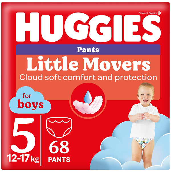 Фото - Одноразові підгузки-трусики Huggies Little Movers Розмір 5 (12-17 кг) для хлопчиків, 68 шт.(2*34 шт.) (5029053564128)