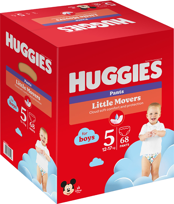 Фото - Одноразові підгузки-трусики Huggies Little Movers Розмір 5 (12-17 кг) для хлопчиків, 68 шт.(2*34 шт.) (5029053564128)