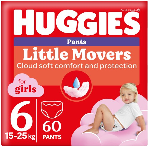 Фото - Одноразові підгузки-трусики Huggies Little Movers Розмір 6 (15-25 кг) для дівчаток, 60 шт.(2*30 шт.) (5029053564135)