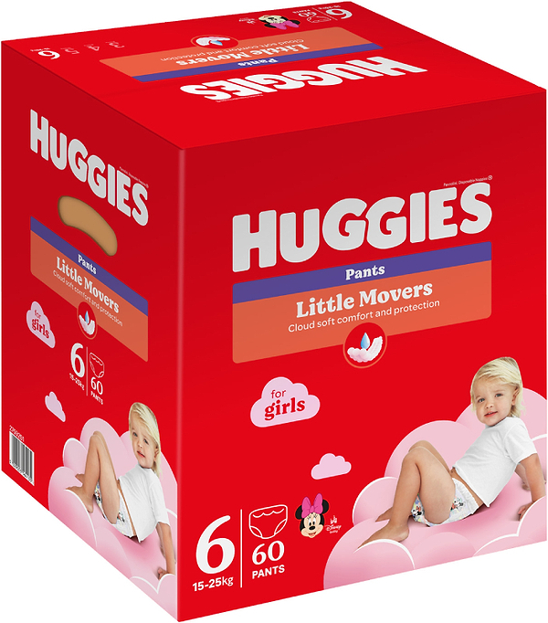 Фото - Одноразові підгузки-трусики Huggies Little Movers Розмір 6 (15-25 кг) для дівчаток, 60 шт.(2*30 шт.) (5029053564135)