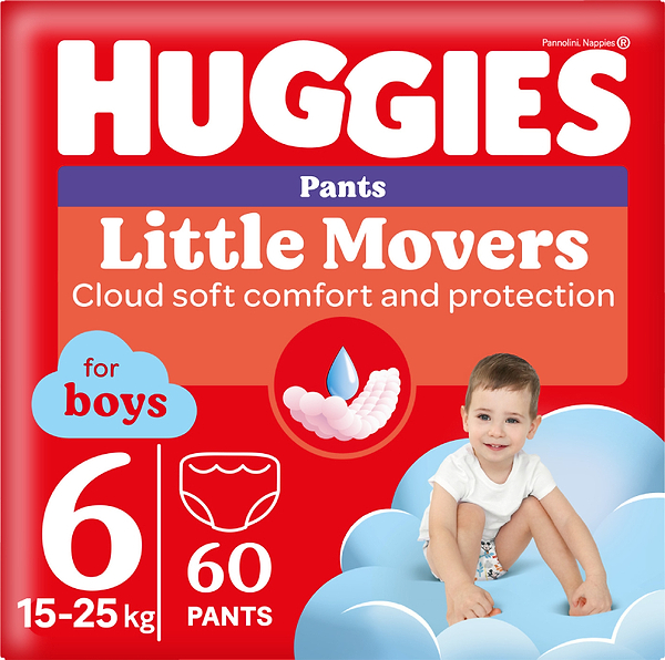 Фото - Одноразові підгузки-трусики Huggies Little Movers Розмір 6 (15-25 кг) для хлопчиків, 60 шт.(2*30 шт.) (5029053564142)