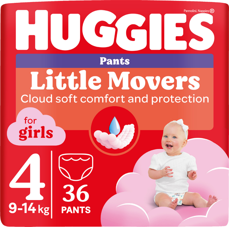 Одноразові підгузки-трусики Huggies Little Movers Розмір 4 (9-14 кг) для дівчаток, 36 шт. (5029053564265) - Фото 1