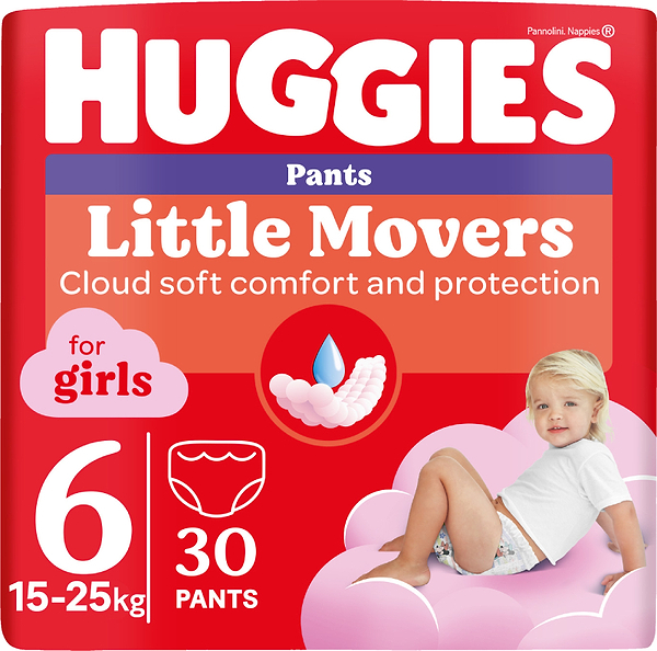 Фото - Одноразові підгузки-трусики Huggies Little Movers Розмір 6 (15-25 кг) для дівчаток, 30 шт. (5029053564296)