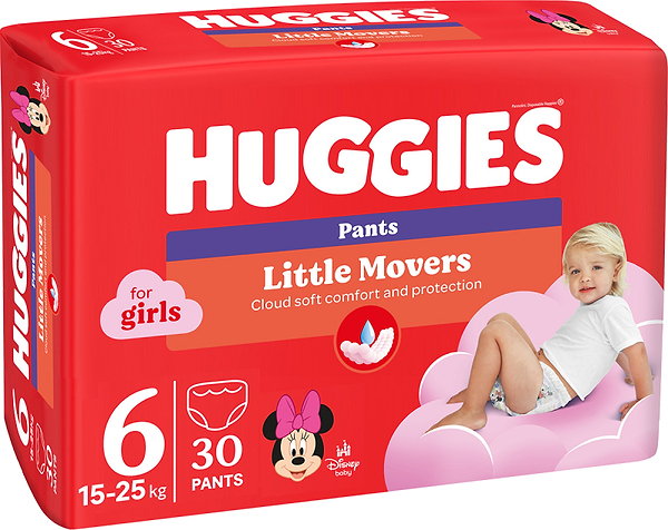 Фото - Одноразові підгузки-трусики Huggies Little Movers Розмір 6 (15-25 кг) для дівчаток, 30 шт. (5029053564296)