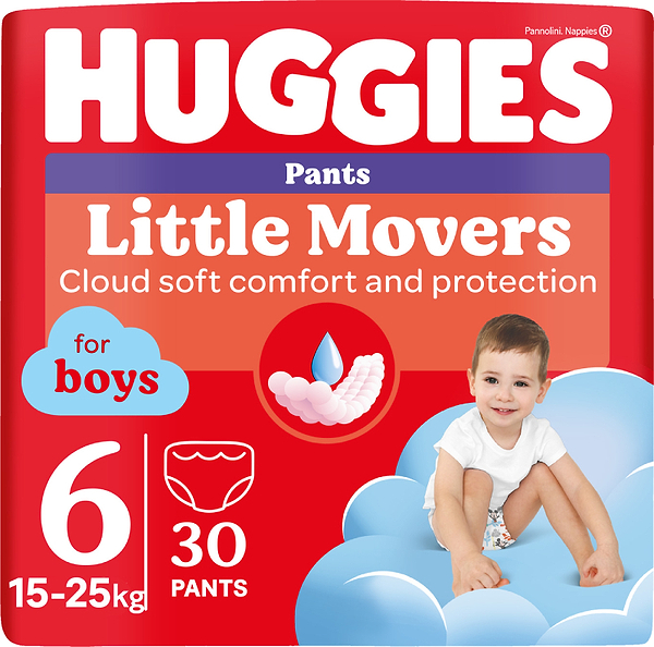 Фото - Одноразові підгузки-трусики Huggies Little Movers Розмір 6 (15-25 кг) для хлопчиків, 30 шт. (5029053564302)