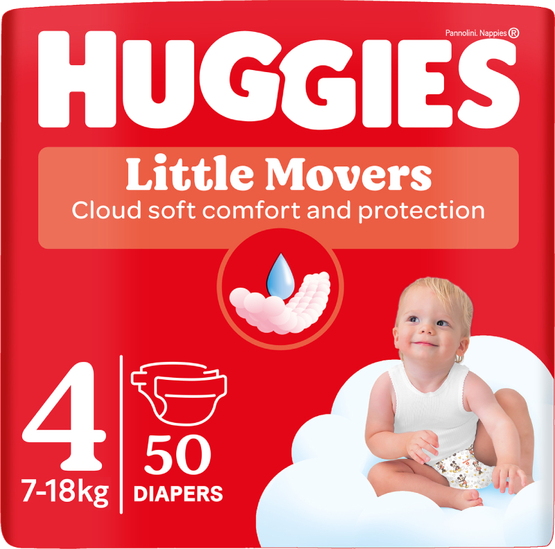 Одноразові підгузки Huggies Little Movers Розмір 4 (7-18 кг), 50 шт. (5029053567587) - Фото 1