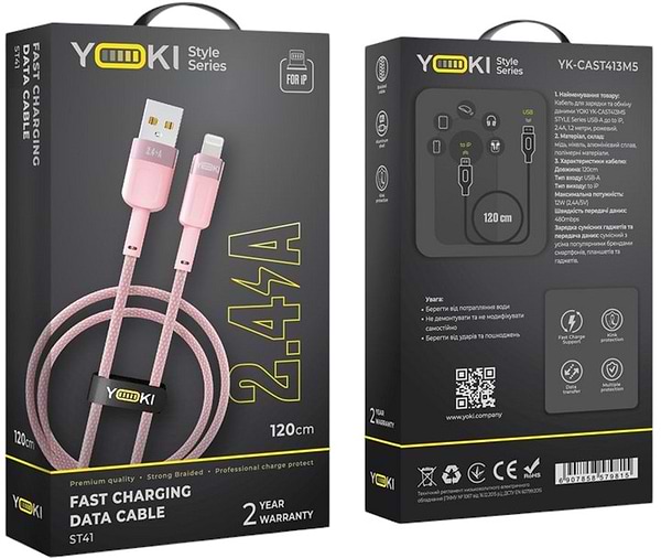 Фото - Кабель синхронізації даних YOKI STYLE Lightning 2.4A 1.2m Pink (YK-ST41)