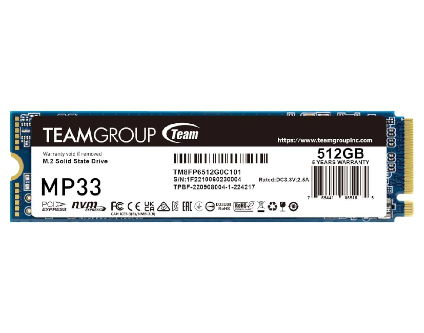 SSD-накопитель внутренний Team M.2-2280 PCI-E Gen3x4 MP33 512GB RETAIL (TM8FP6512G0C101)