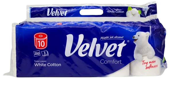 Туалетная бумага Velvet White Cotton 10 рулонов 3 слоя 200 отрывов (VTPWC103200) - Фото 1
