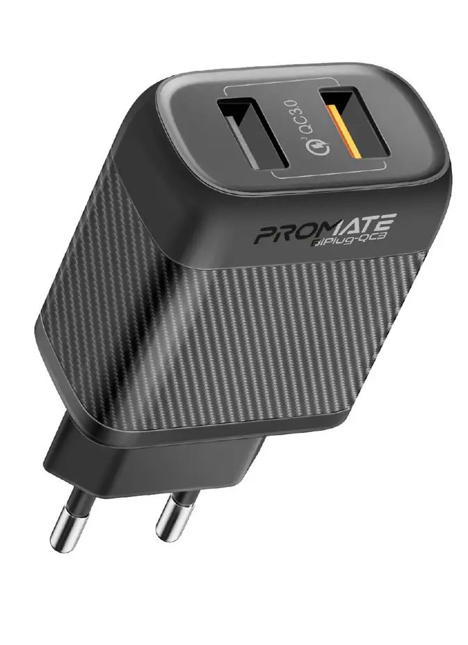 Мережевий зарядний пристрій Promate biplug-qc3.eu-bk - Фото 1