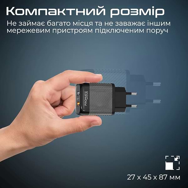 Фото - Мережевий зарядний пристрій Promate biplug-qc3.eu-bk
