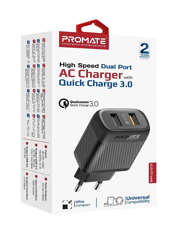 Фото - Мережевий зарядний пристрій Promate biplug-qc3.eu-bk