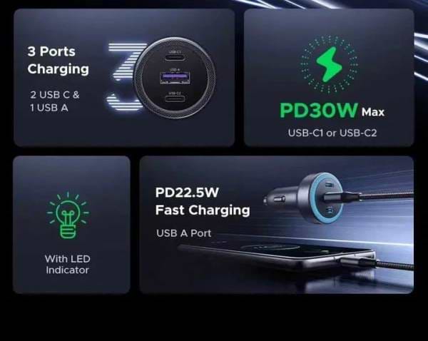 Фото - Автомобільний зарядний пристрій UGREEN EC307 30W 3-Port Fast Car Charger Grey (45843)