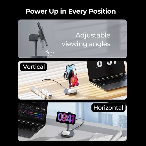 Фото - Бездротовий зарядний пристрій Aukey MagFusion 3-in-1 15W Qi2 (LC-MC311) Gray