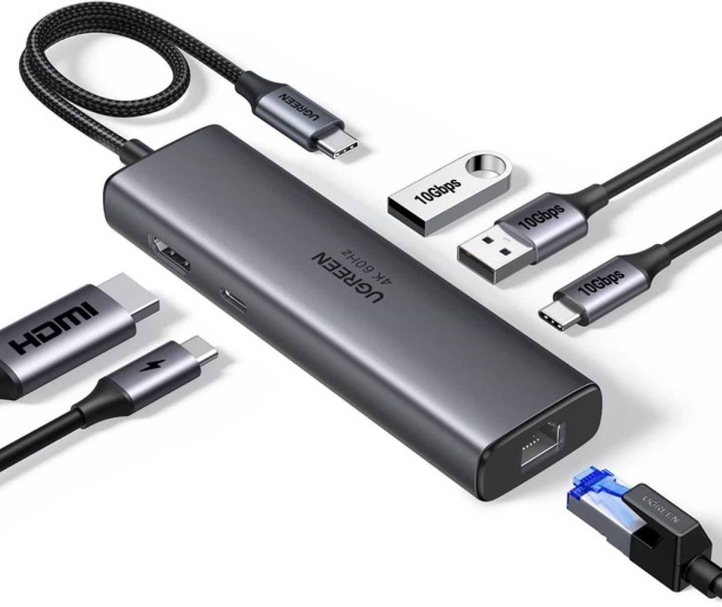 Хаб USB UGREEN CM512 USB-C to HDMI+2xUSB 3.2+USB-C 3.2+RJ-45+PD Power Converter Gray (45000) - Фото 1