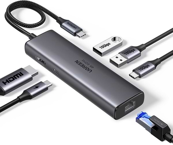 Фото - Хаб USB UGREEN CM512 USB-C to HDMI+2xUSB 3.2+USB-C 3.2+RJ-45+PD Power Converter Gray (45000)