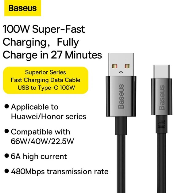 Фото - Кабель синхронізації даних Baseus Superior Series Fast Charging Data Cable USB to Type-C 100W 2m Cluster Black (P10320102114-02)