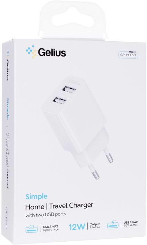 Фото - Мережевий зарядний пристрій Gelius Simple GP-HC059 2USB/2.4A + кабель Lightning White (100447)
