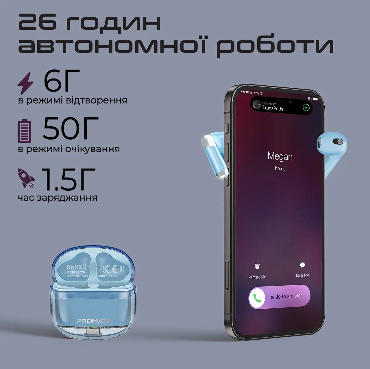 Фото - Навушники вкладиші бездротові TWS Promate transpods.blue