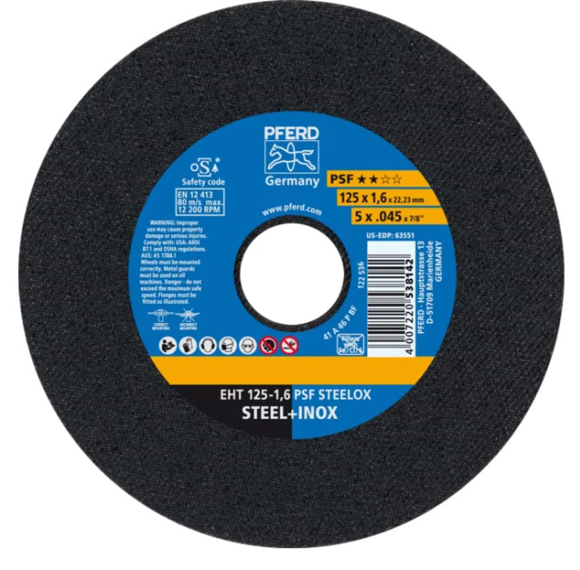 Круг отрезной по металлу Pferd 125х1,6х22 PSF STEELOX (4007220538142(25)/400722023663)